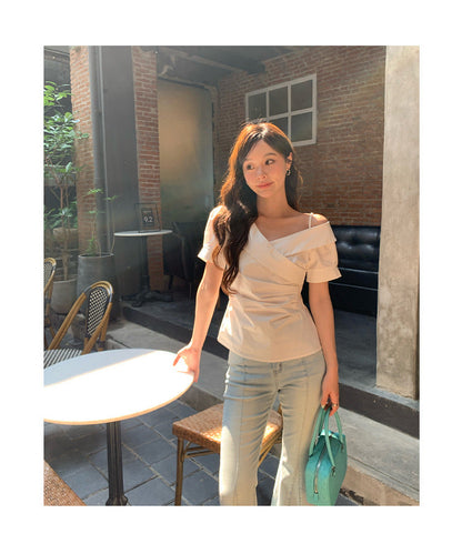 Gentle temperament design diagonal shoulder collar waist shirt