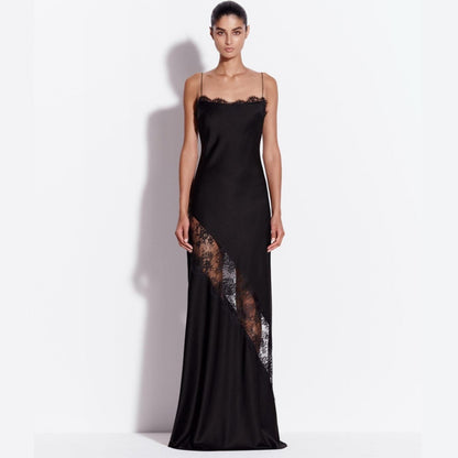 Satin lace suspender long dress dress