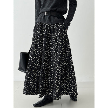 Retro floral splicing large skirt high waist skirt women's autumn new thin plush dress 1728