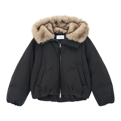 Winter eco-friendly fur hooded balloon-shaped volume-sensitive silhouette down jacket
