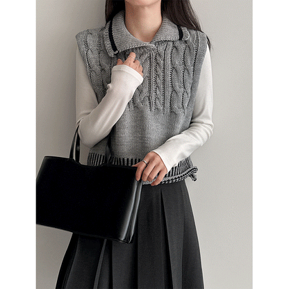 College style contrasting color lapel wool knitted vest women's 26 spring versatile stacked vest top