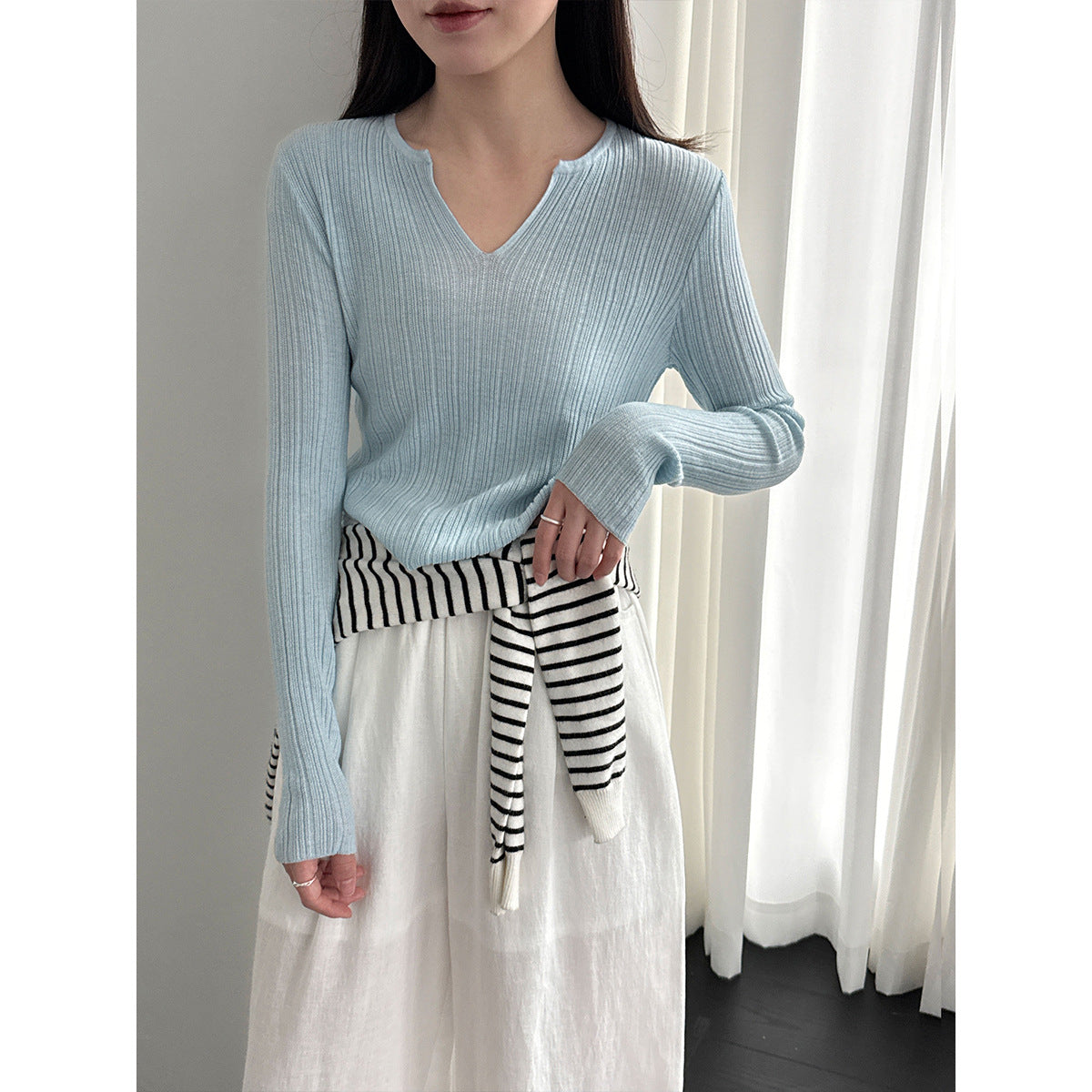 Pit strip knitted sweater women's spring new thin niche bottoming shirt with top T-shirt