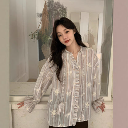 Loose long-sleeved wooden ear-edged embroidered striped shirt