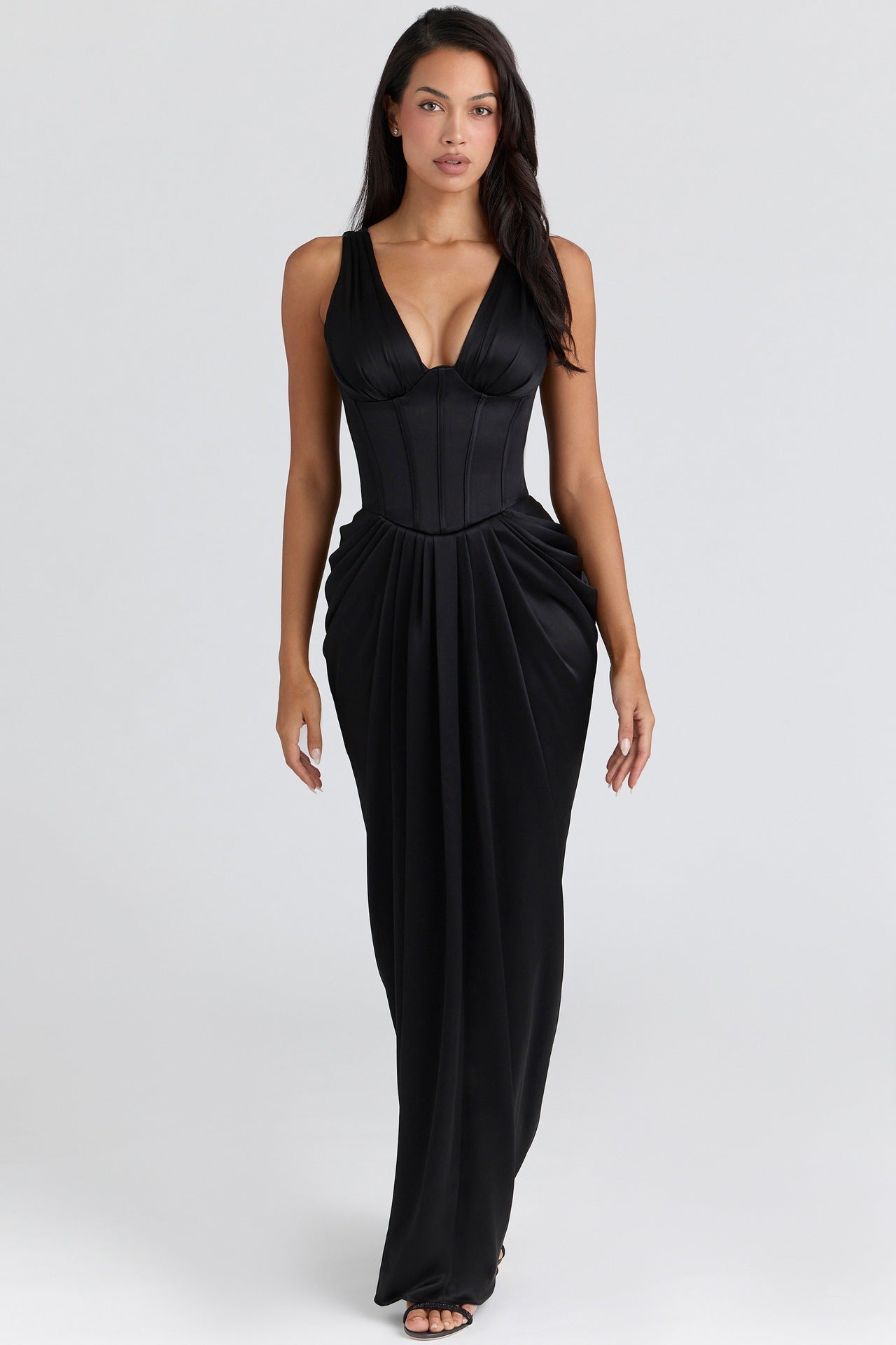 Spice girl deep V hanging fishbone suspender long dress backless splicing sexy dress
