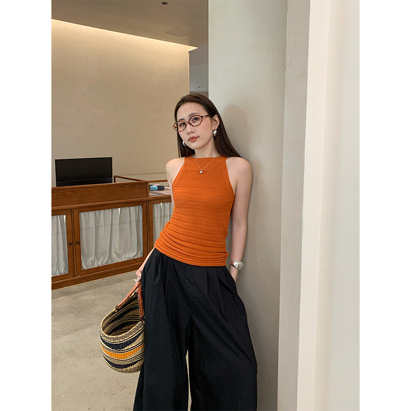 Halter Neck Knit Vest Women Sleeveless Slim Fit Cut-Out Tank Top