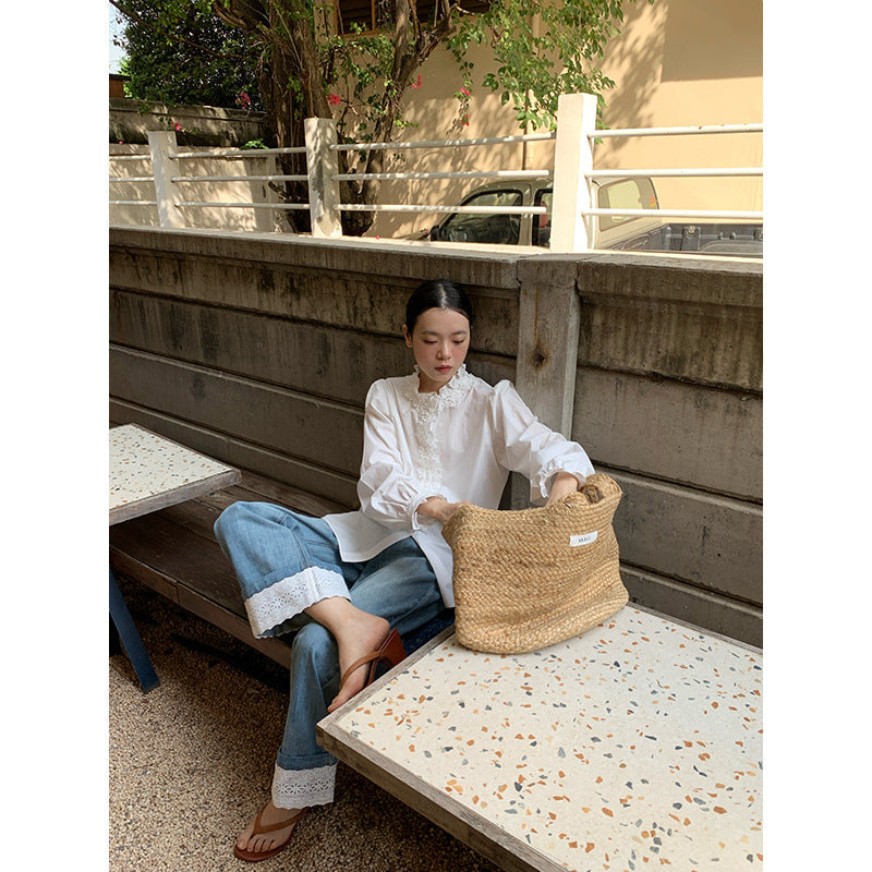 Pre-spring French lace rolled up fashion wide-leg straight jeans