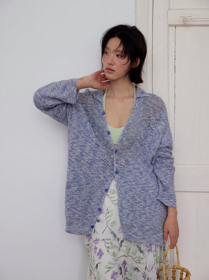 Hollow POLO neck sunscreen cardigan knitted sweater loose outer long-sleeved top