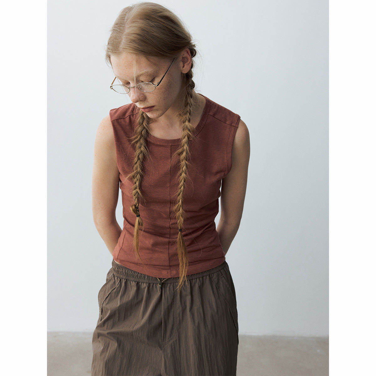 Summer casual split antibacterial hemp simple round neck basic vest