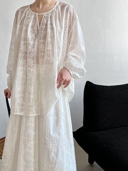 Premium temperament hollow lace embroidered top + skirt