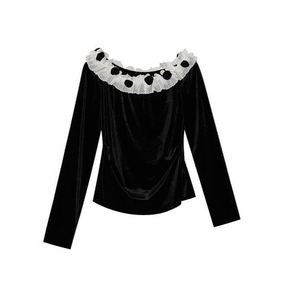Temperament exquisite sexy one-word shoulder long-sleeved velvet top