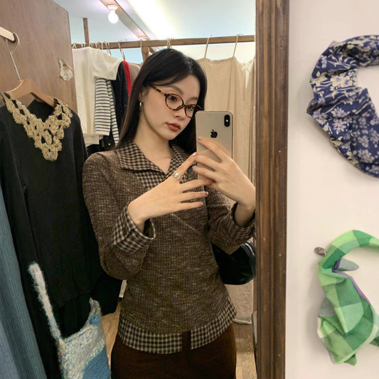 Irregular shirt splicing fake two-piece knitted sweater
