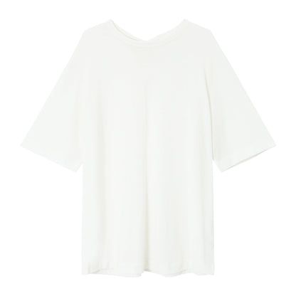 Autumn New Wool Blended Back Neck Split Strap Small Crew Neck Loose T-Shirt