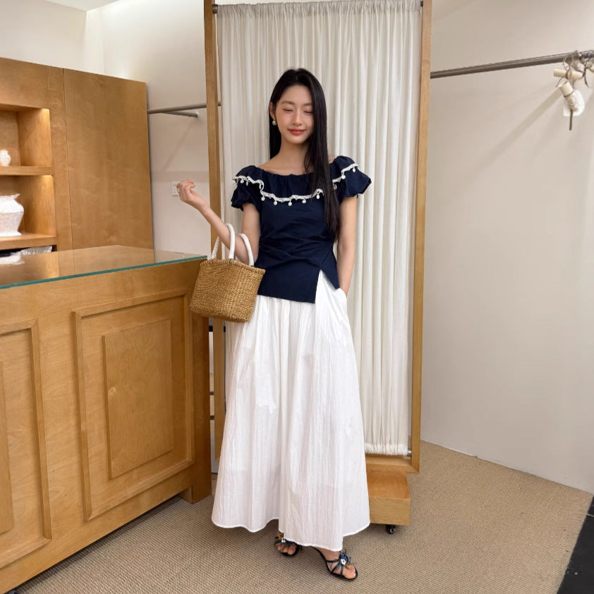 Off-Shoulder Ruffle Trim Bubble Sleeve Cotton Top