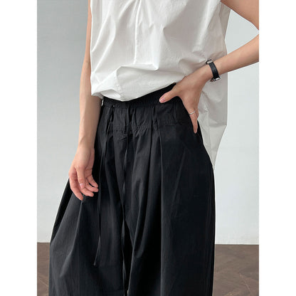 100 cotton high-waisted versatile lace-up straight-leg pants women's new summer thin casual wide-leg trousers
