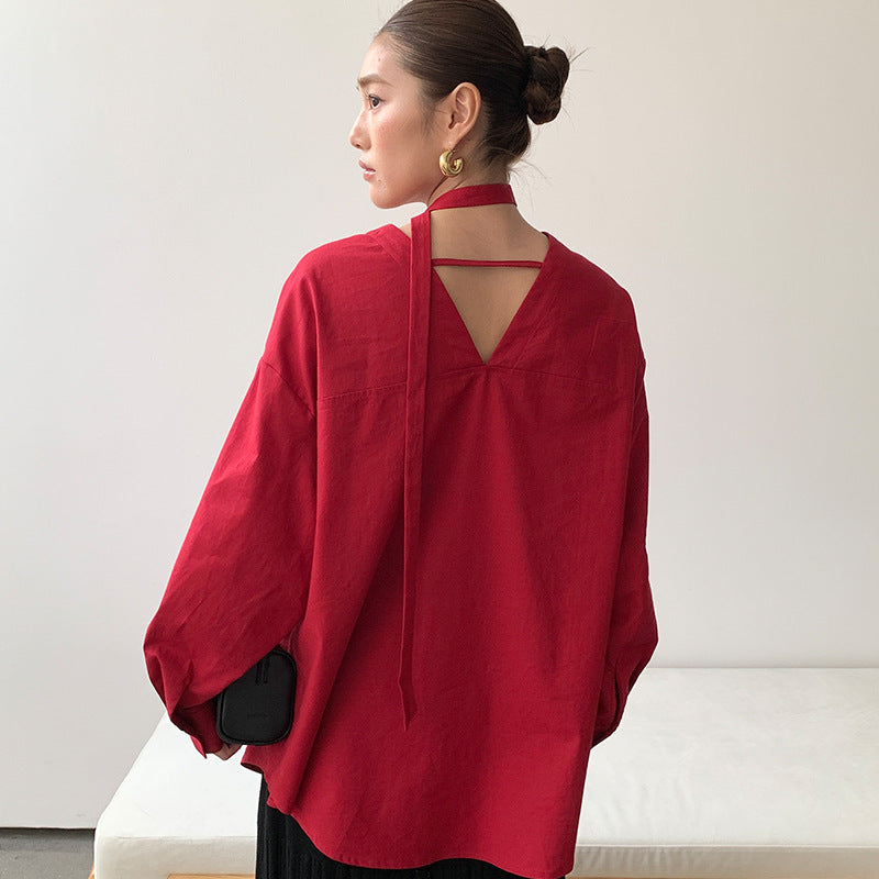 Spring red linen streamer shirt niche V-neck backless lazy shirt