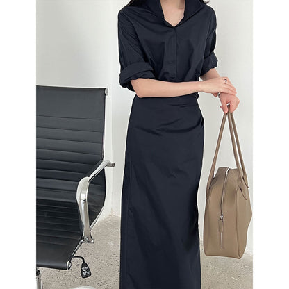 Korean version of the design sense lace-up V-neck waist dress women's summer new thin shirt long skirt