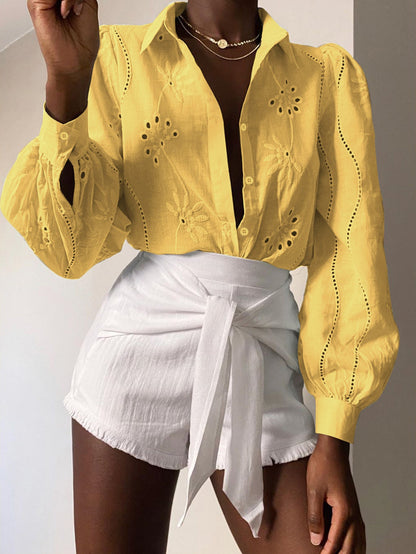 Lapel Long Sleeve Cardigan Women Regular Fit Puff Sleeve Hollow Blouse
