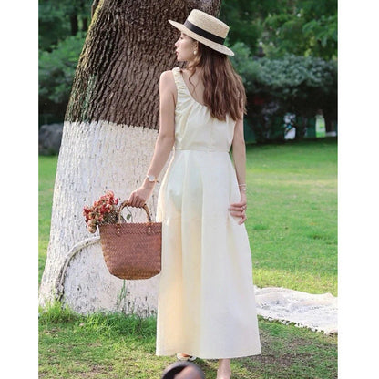 ED women's classic spring new pleated wide strap temperament dress niche design high-end long dress
