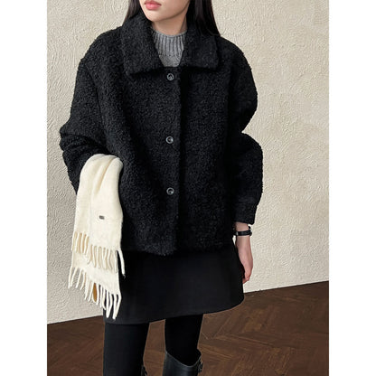 Niche design sense lamb wool lapel jacket women's winter new single-breasted short thermal top