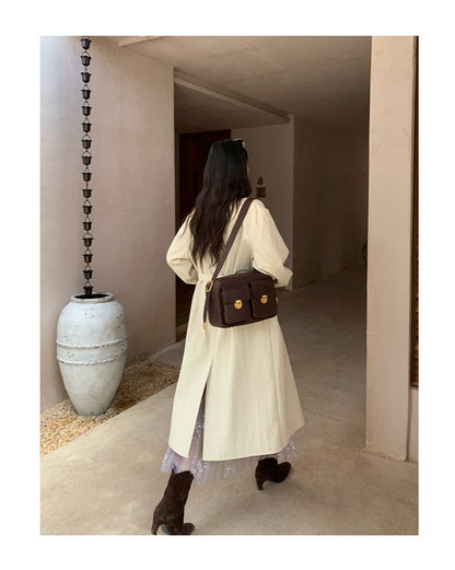 Women's Stand Collar Belted Waist Loose Long Trench Coat