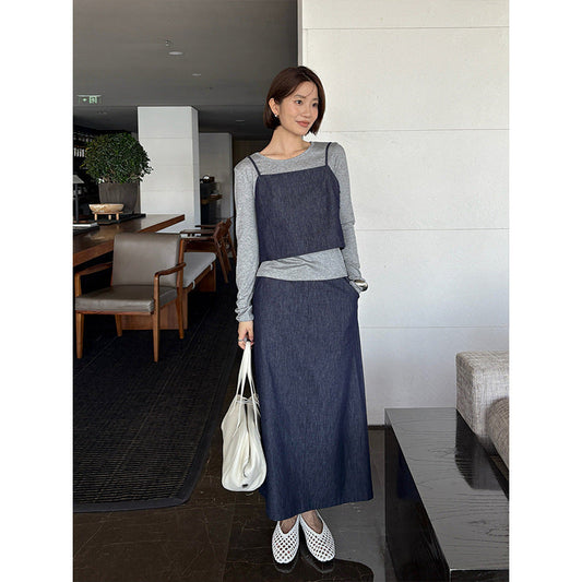 Tencel long T-shirt + suspender + denim skirt