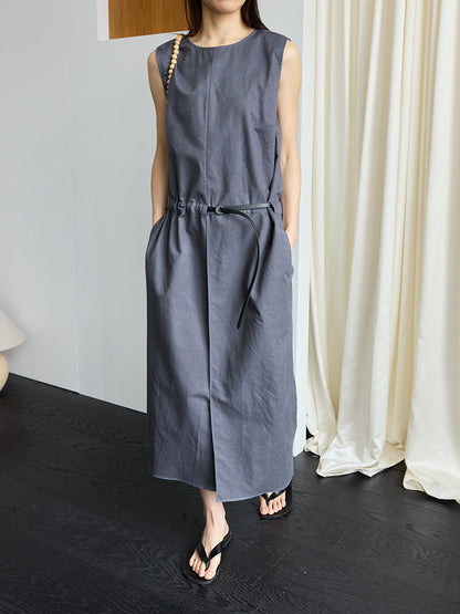 Crew neck linen cotton waist sleeveless vest dress