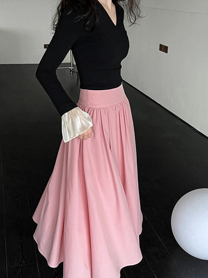 Pure desire ceiling~ V-neck knitted T-shirt splicing horn sleeves slim and thin Spice girl bottoming shirt women