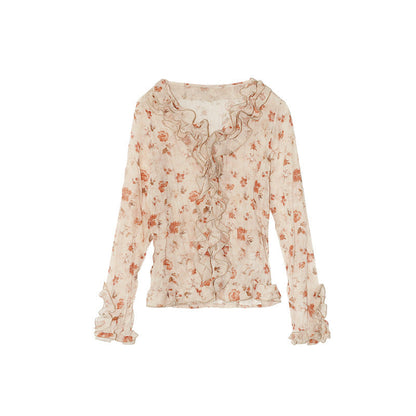 Rose print design ruffle edge thin through shirt