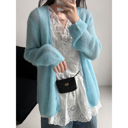 Korean gentle lazy wind wool cardigan women's 26 spring V-neck mohair knitted sweater jacket