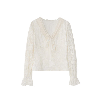 Gentle temperament V-neck lace-up bow hollow lace shirt