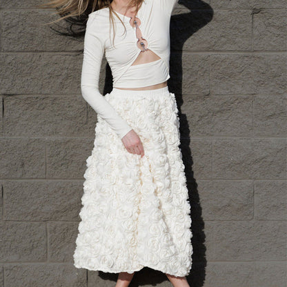 Medium and long fluffy fairy A-shaped skirt French elegant three-dimensional rose flower skirt girl