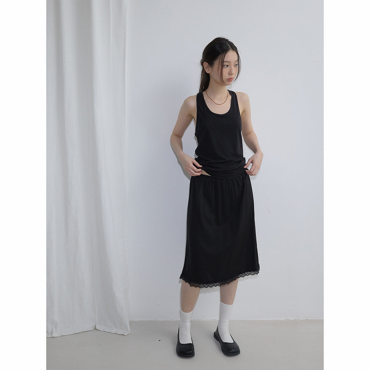 Spring new casual high waist simple solid color linen satin lace medium and long skirt