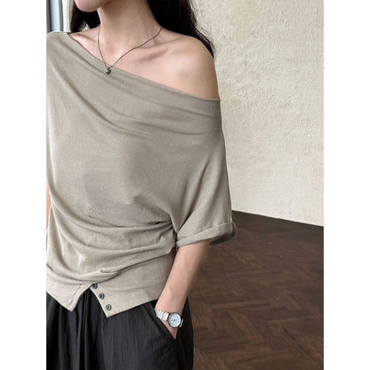 Slanted shoulder hem waist one-shoulder T-shirt women's summer new niche design sense Korean simple short sleeves
