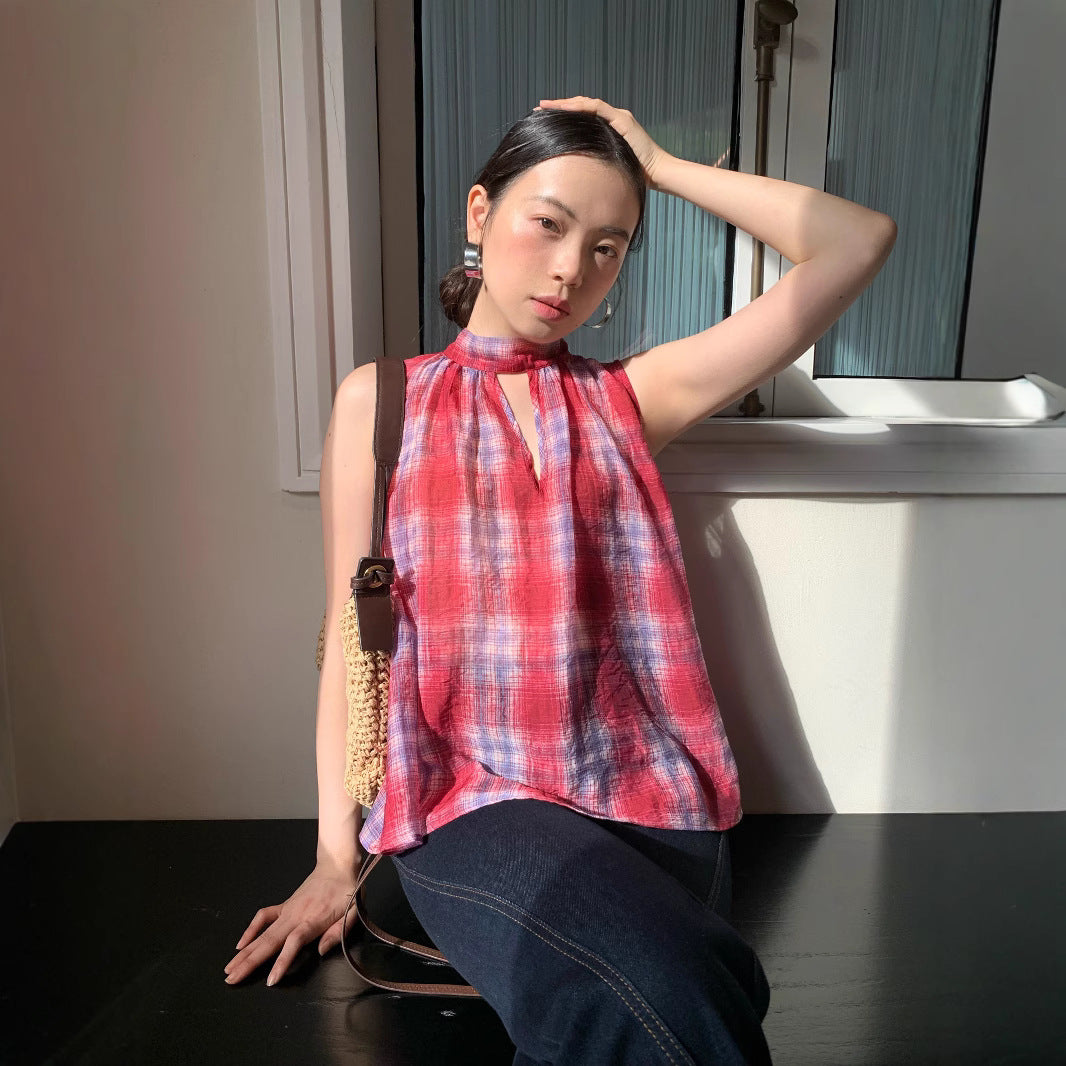 Dopamine sweet age-reducing Tencel plaid sleeveless halterneck vest