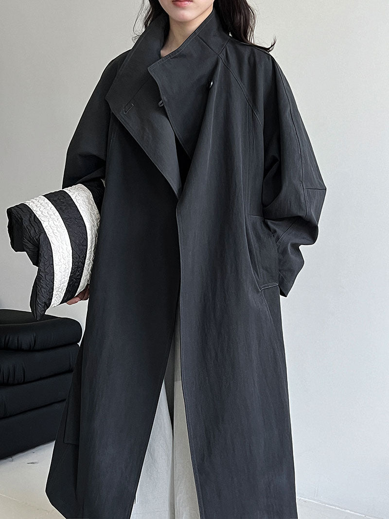 Korean high-end one-button stand-up collar loose coat women's autumn new medium and long trench coat