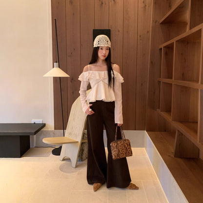 French pure desire ruffle edge small sexy off-the-shoulder suspender chiffon shirt