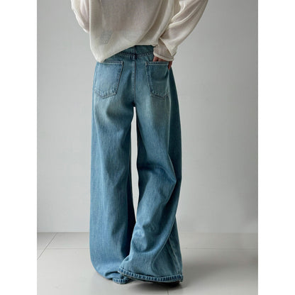 Korean version of high waist wide leg jeans women's spring loose and thin rivet belt straight mopping pants