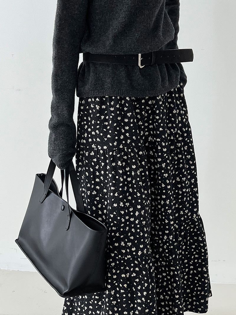 Retro floral splicing large skirt high waist skirt women's autumn new thin plush dress 1728