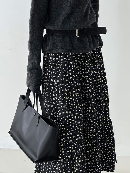 Retro floral splicing large skirt high waist skirt women's autumn new thin plush dress 1728