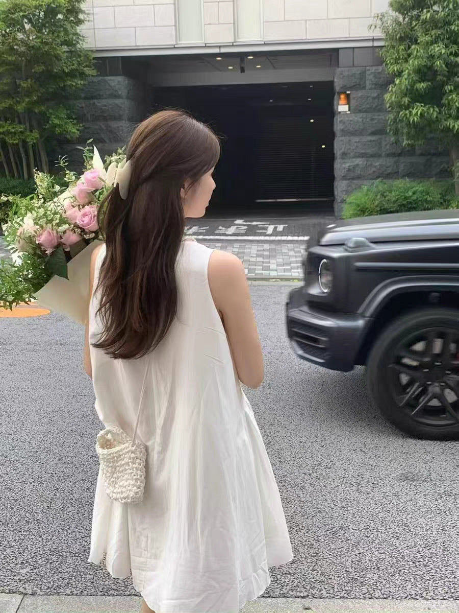 Sleeveless Dress Women Round Neck High Waist Solid Color Sundress