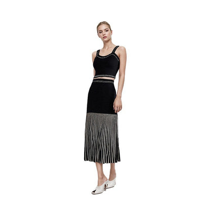 Sleeveless Two-Piece Set Women Hollow Beaded Vest Top Skirt Suit