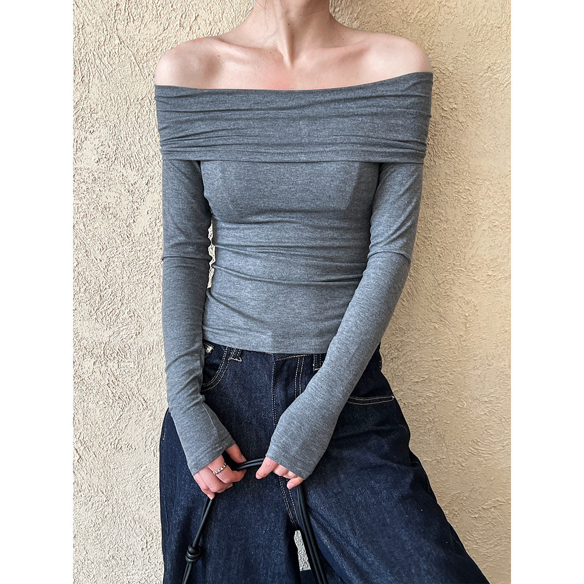 Pure desire Spice Girl design sense one-word shoulder long-sleeved T-shirt women's new off-the-shoulder sexy slim-fit bottoming shirt
