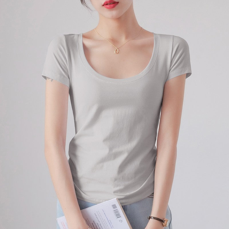 Round Neck Short Sleeve T-Shirt Women Slim Fit Cotton Base Layer Top