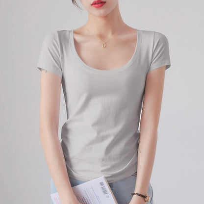 Round Neck Short Sleeve T-Shirt Women Slim Fit Cotton Base Layer Top