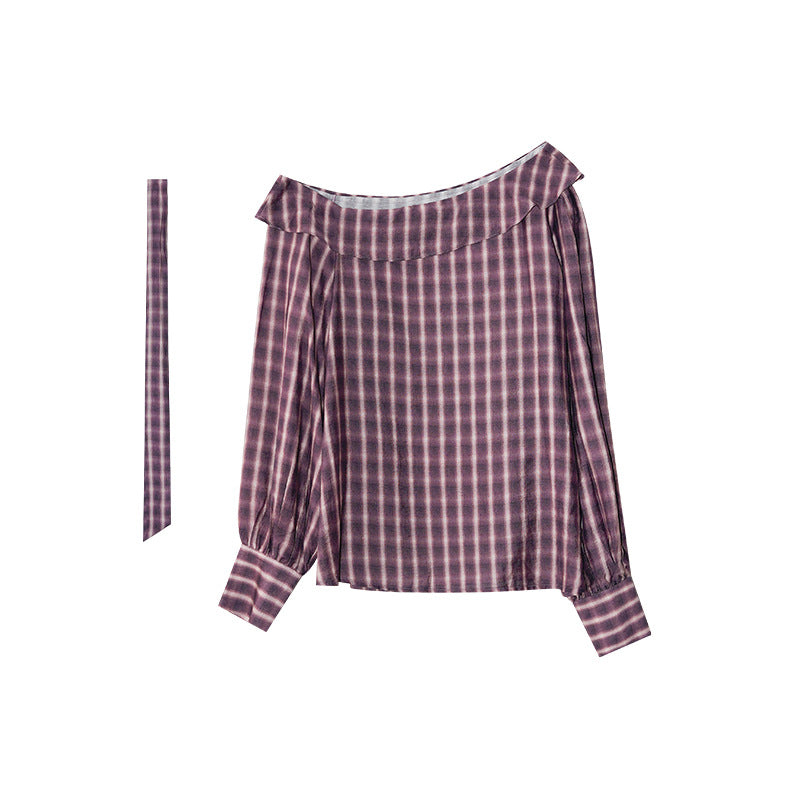 Ruffle-edged slanted shoulder long-sleeved pullover plaid shirt
