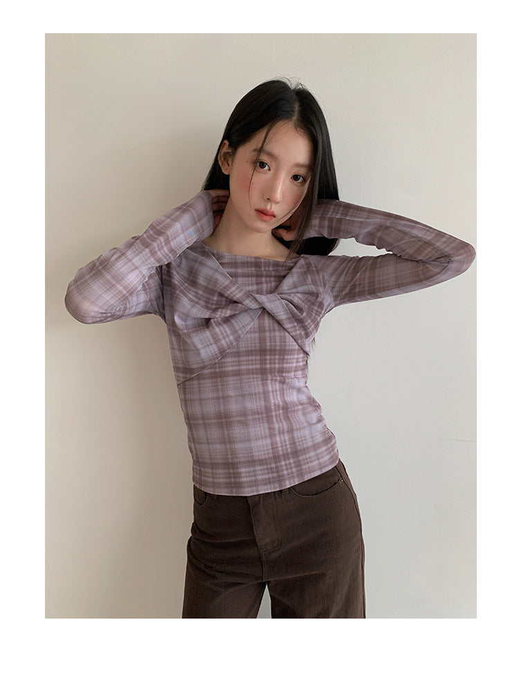 Slim Kink Design Slash Shoulder Plaid Long Sleeve Shirt