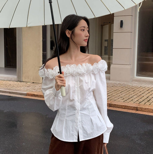 Heavy Industry Flower Pinch Pleated Waist Shoulder Shirt Women