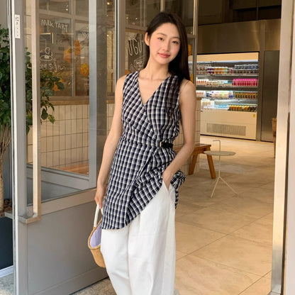 Waist buckle medium and long two wear sleeveless plaid dress