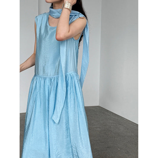 Gentle and sweet wind vest skirt women's summer design sense streamer neckline pure age-reducing dress