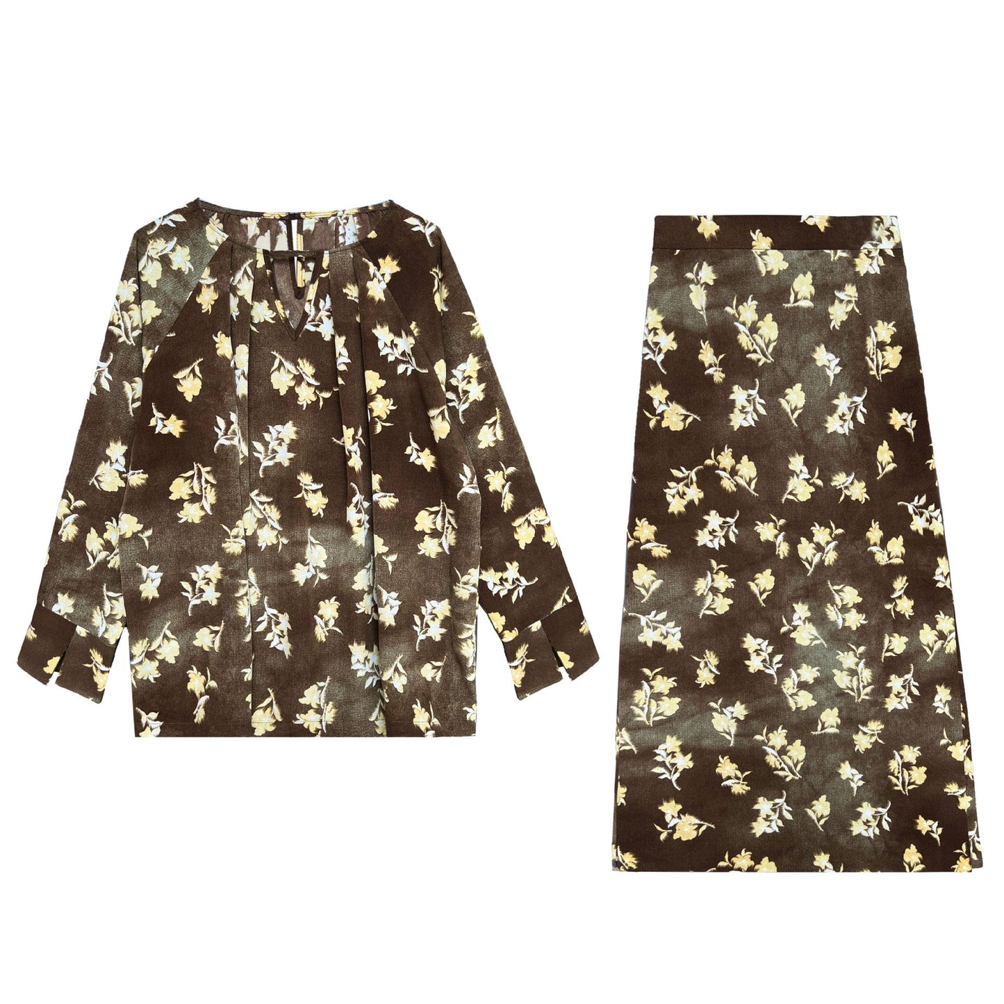 French high-end long-sleeved floral shirt + A-shaped split skirt two-piece set of relaxation suit for women